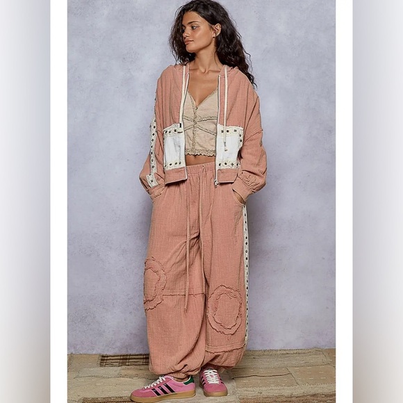 POL Pants - POL Pink Cotton Studded Jogger and Track Jacket Set